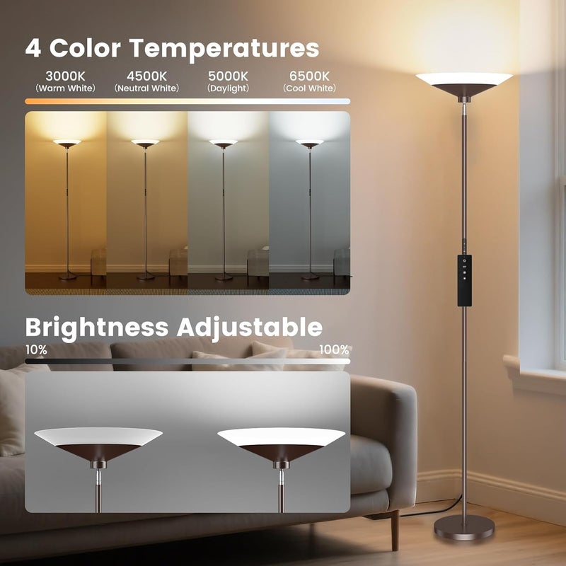SIBRILLE Brown Torchiere Floor Lamp - 30W Dimmable LED Standing Lamp with Remote, 4 Color Temps, Stepless Dimming, 3000-6500K, 1800LM, 72in Tall Floor Light for Office Bedroom Living Room Corner - Image 3